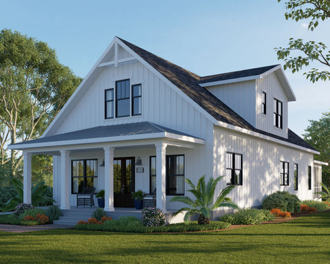 farmhouse home plan metal roof first floor master