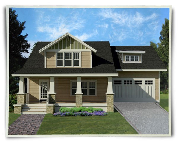 craftsman home plan with garage and master on main floor